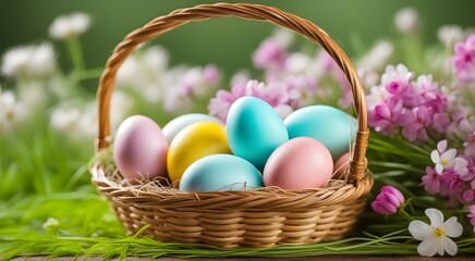 Fototapeta na wymiar Wicker basket with Easter eggs and flowers