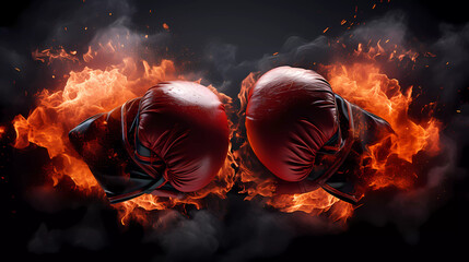 Two boxing gloves are shown in the middle of a graphic image of a pair of boxing gloves on fire