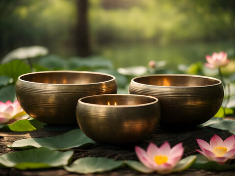 singing ritual bowls for meditation against the background of a lake with lothus, nature