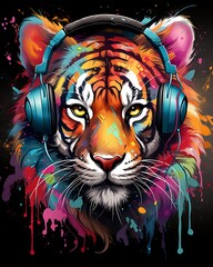 Colorful and detailed computer art of a tiger wearing headphones on a t-shirt design