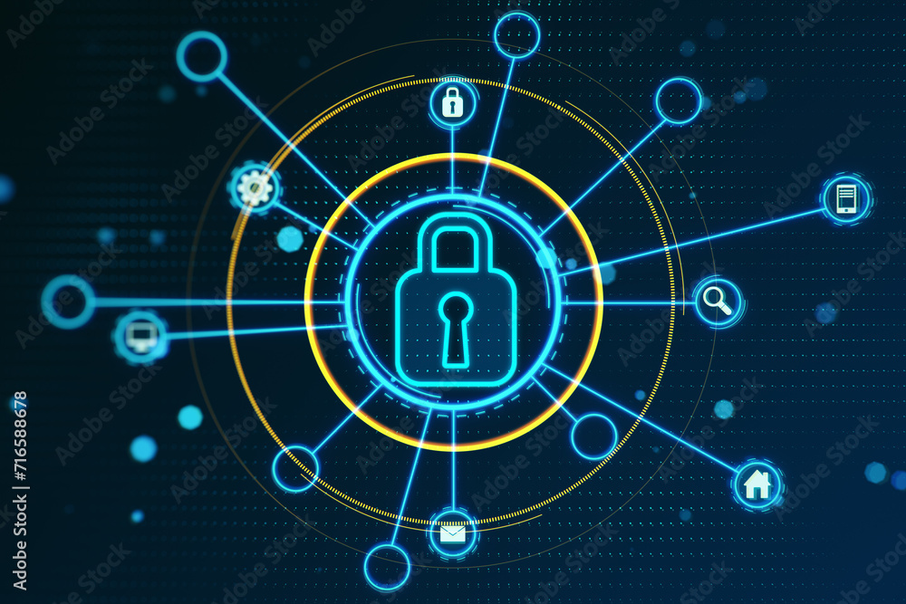 Poster cybersecurity network protection with central lock icon on dark blue background. 3d rendering