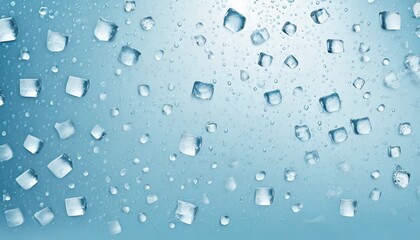 drops of water backdrop with ice cubes of different shapes and sizes scattered on a light blue background clear texture small droplets on surfaces starting to melt momentillustration