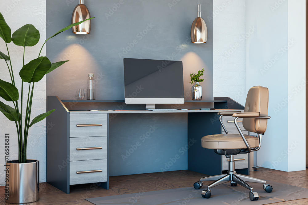 Aufkleber Close up of modern home workplace with computer monitor and reflections. 3D Rendering.