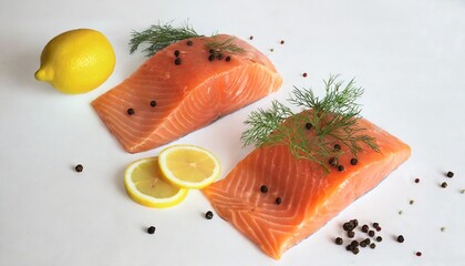 fresh salmon with lemon dill and peppercorns two slices of raw fish on a white background 