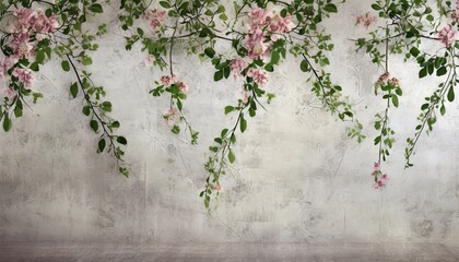 hanging branches on which flower buds with leaves on a textured worn wall photo wallpaper in the interior - obrazy, fototapety, plakaty
