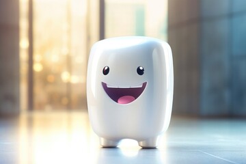 White tooth in the form of a funny robot smiling, light emphasizes the cleanliness of the tooth
