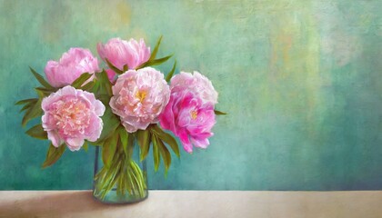 Fototapeta na wymiar vintage peonies on a textured background in the interior of any room style composition drawing