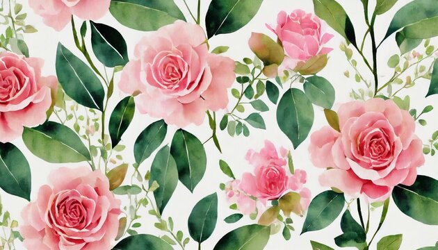 seamless floral watercolor pattern with garden pink flowers roses leaves branches botanic tile background