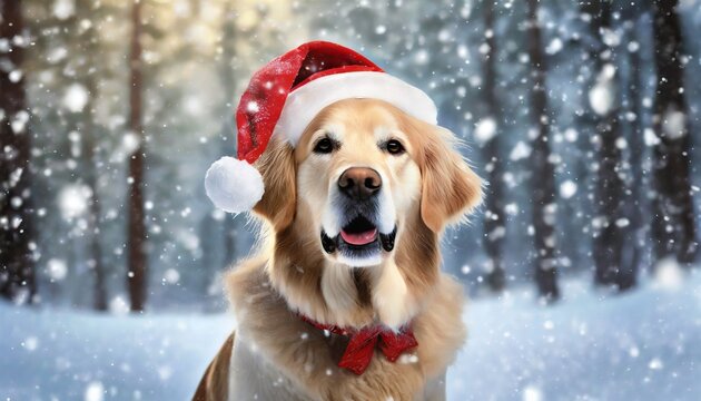 cute golden retriever dog wearing christmas red santa claus hat in snow falling sky scene winter forest landscape christmas holidays christmas card digital ai