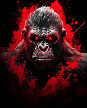 Artistic gorilla t-shirt design with red paint splashes, suitable for 2d game art and poster art