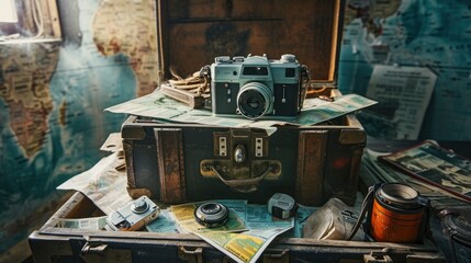 A worn travel trunk overflowing with vintage cameras, maps, and faded airline tickets, evoking tales of bygone wanderlust, - obrazy, fototapety, plakaty