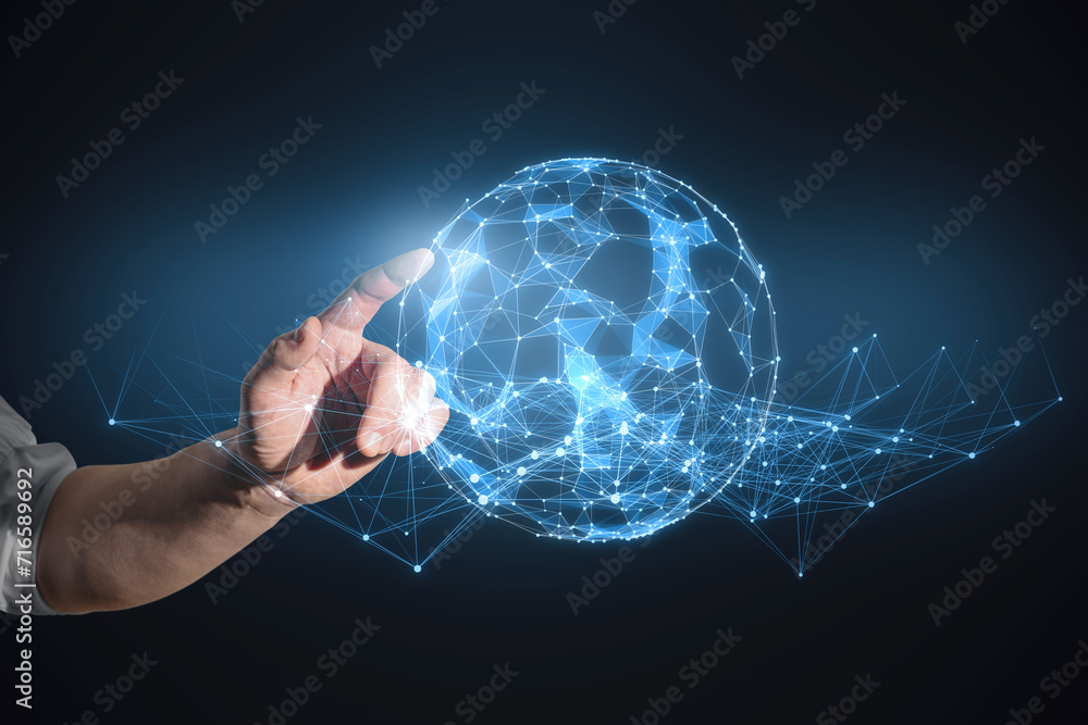 Poster Hand interacting with a global network interface, symbolizing worldwide data connectivity and virtual technology concept