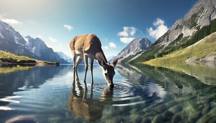 young deer drinks water in a mountain lake