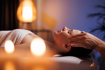 The hands of a masseuse make a manual massage of the head of a beautiful female client. The concept...