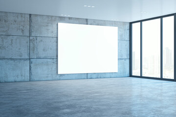 Empty modern spacious concrete interior with panoramic window and white mock up banner. 3D Rendering.