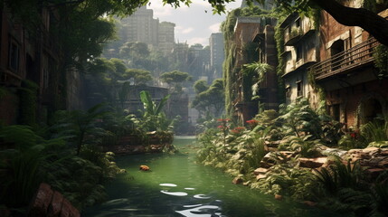 Fototapeta na wymiar ruins of an ancient city overgrown with jungle