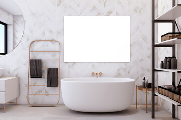 Luxury bathroom with expansive marble walls, floating vanity, and urban skyline. Modern elegance. 3D Rendering