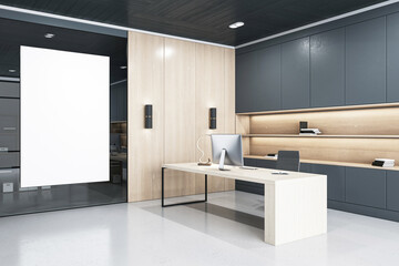 Modern office interior with blank white canvas for advertising, sleek design. 3D Rendering