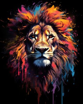 Airbrushed t-shirt design of a majestic lion with colorful paint splashes