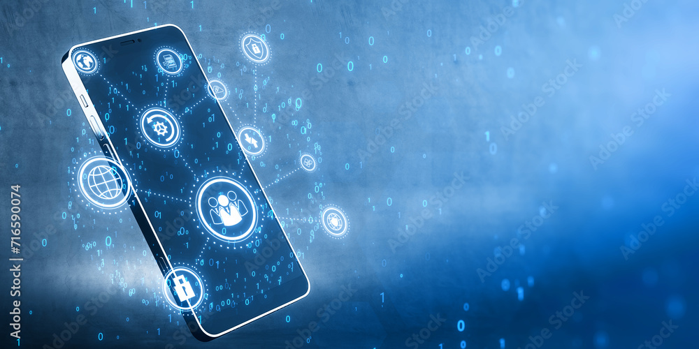 Aufkleber cellphone with creative connected digital business interface with various icons and binary code on blurry background. Software development, app, global business and ai concept. 3D Rendering.