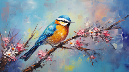 Abstract colorful oil acrylic painting of bird