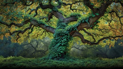 Naklejka na ściany i meble An ancient oak tree shrouded in a cloak of vibrant ivy, its leaves swirling and twisting like emerald flames against the gnarled bark. Imagine capturing 