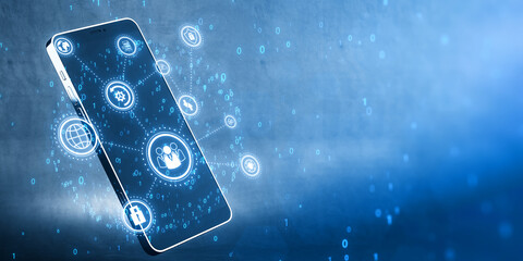 cellphone with creative connected digital business interface with various icons and binary code on blurry background. Software development, app, global business and ai concept. 3D Rendering.