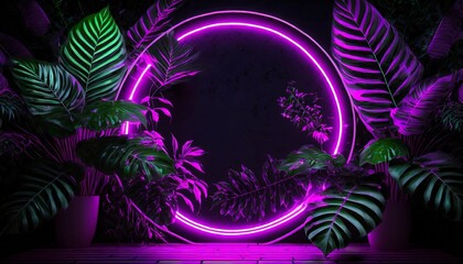 purple circular neon light with tropical leaves 