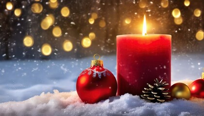 Fototapeta na wymiar glowing red candle with christmas decoration in the snow