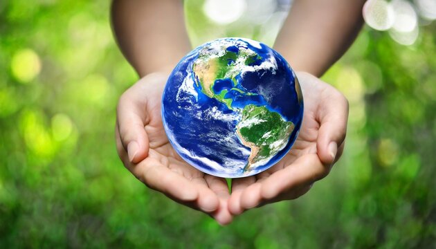globe blue on hands in green blurred nature background earth in adult hands earth day world day energy saving concept elements of this image furnished by nasa
