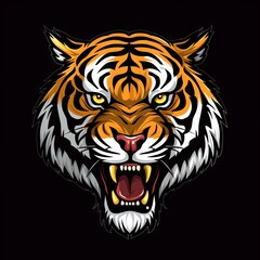 Fierce tiger head with glowing eyes and sharp teeth as a mascot logo for E-sport teams and gamers. Vector illustration of a tiger face on a black t-shirt.