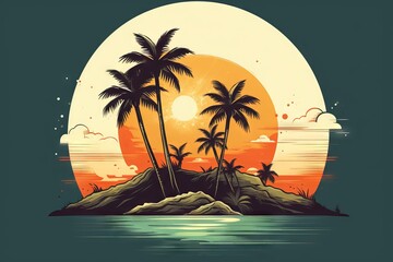 Island with palm trees t-shirt design - summer vacation shirt - beach lover gift - Hawaii trip shirt - ocean wave shirt - obrazy, fototapety, plakaty
