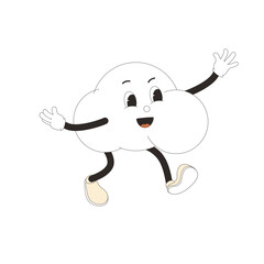 Cloud in retro mascot style. Cute character flying or running isolated on white background. Vector illustration