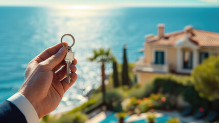 Real estate agent, home keys in a hand on background of villa or house with big pool surrounded by the sea and palm trees. Buy or rent a villa on ocean coast, removal to tropical country