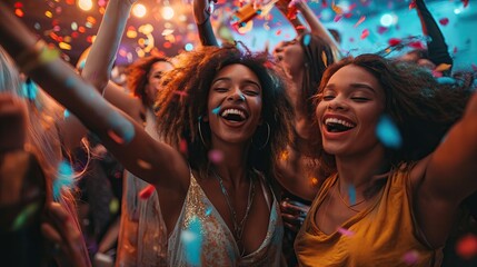 Joyful friends dancing together in a nightclub