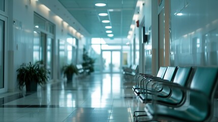 Obraz premium Long hospital corridor of the reception polyclinic. Created with Generative Ai technology.