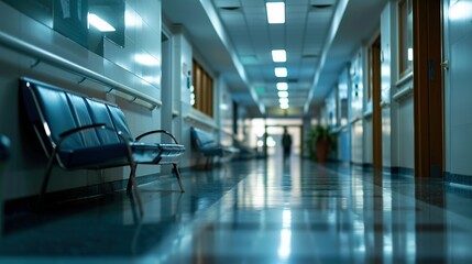 Long hospital corridor of the reception polyclinic. Created with Generative Ai technology. - obrazy, fototapety, plakaty