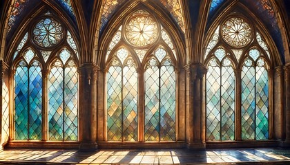 stained glass windows in the gothic style vintage drawing art picture photo wallpaper - obrazy, fototapety, plakaty