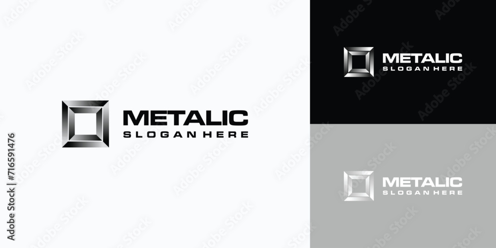 Poster metal box vector logo design with transparent three-dimensional effect.