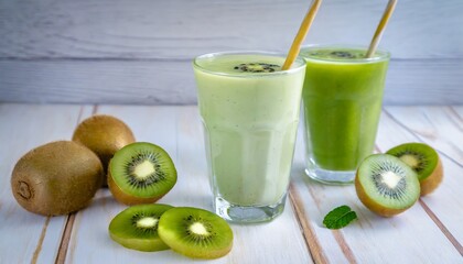 kiwi yogurt fruit juice smoothie and green kiwi juice drink healthy delicious taste in a glass for weight loss on a white wooden background