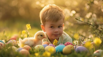 A smiling young boy enjoys the company of a fluffy chick with colorful Easter eggs in a sunny garden