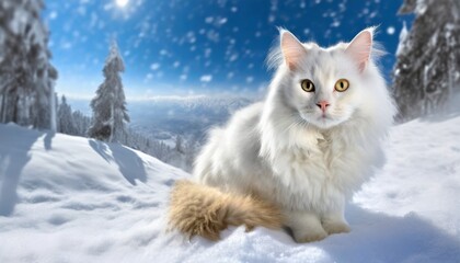 beautiful white fluffy turkish angora cat on snow background - obrazy, fototapety, plakaty