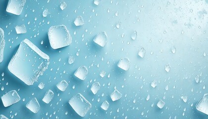 drops of water backdrop with ice cubes of different shapes and sizes scattered on a light blue background clear texture small droplets on surfaces starting to melt momentillustration
