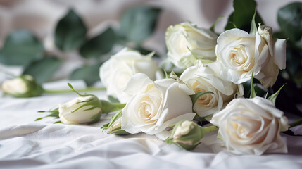 Obraz premium Serene bouquet of white roses against a gentle, luminous backdrop.