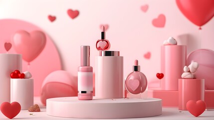valentine's day product presentation mockup: cosmetics on a heart-themed podium illustration oink background