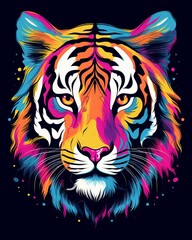 Tiger illustration stickers in vivid and pastel colors on a black background for t-shirt design