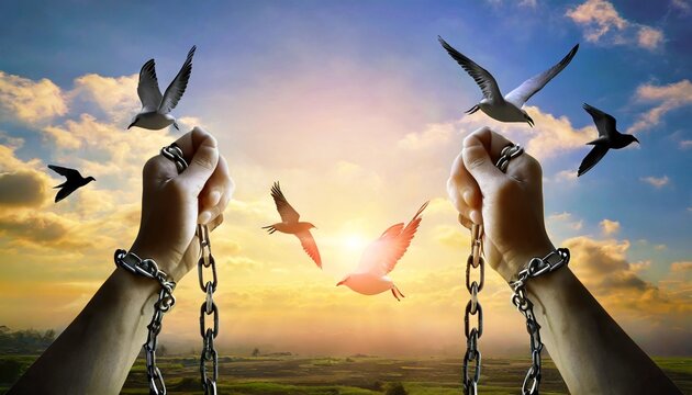 chains on hand that transform into peace birds freedom and charge concept