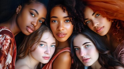Obraz premium empowering girl portrait banner diverse and multi-ethnic group of beautiful women celebrating strength and unity