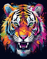 Tiger illustration stickers in vivid and pastel colors on a black background for t-shirt design