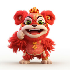 Naklejka premium Red lion Chinese style on white background, wear the red shirt, cute lion smile, red hair, GenerativeAI